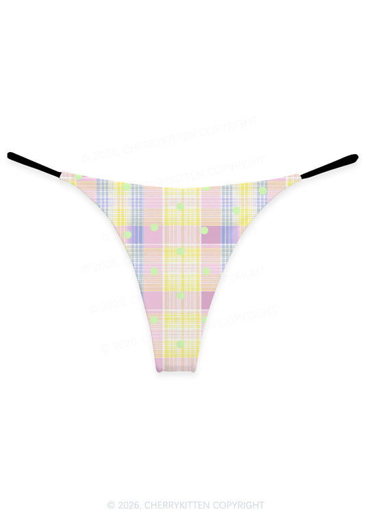 Light Green Dots On Plaid Y2K Print Bikini String Thong Cherrykitten