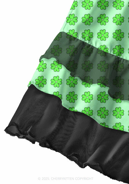 Green Clover Grid St Patricks Y2K Print Mini Layered Skirt Cherrykitten