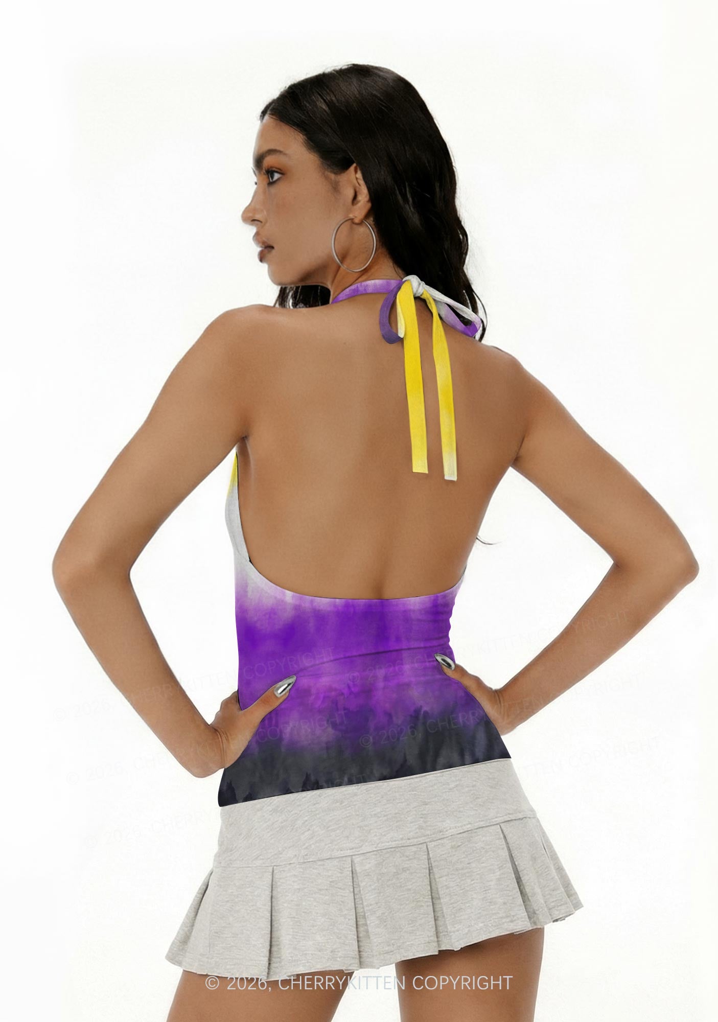 Nonbinary Tie Dye Pride Y2K Print Halter Deep V Neck Cami Cherrykitten