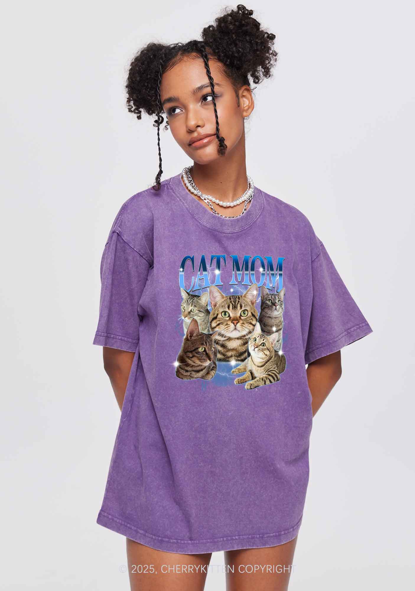 Custom Photo Cat Mom Y2K Shirts Washed Tee Cherrykitten