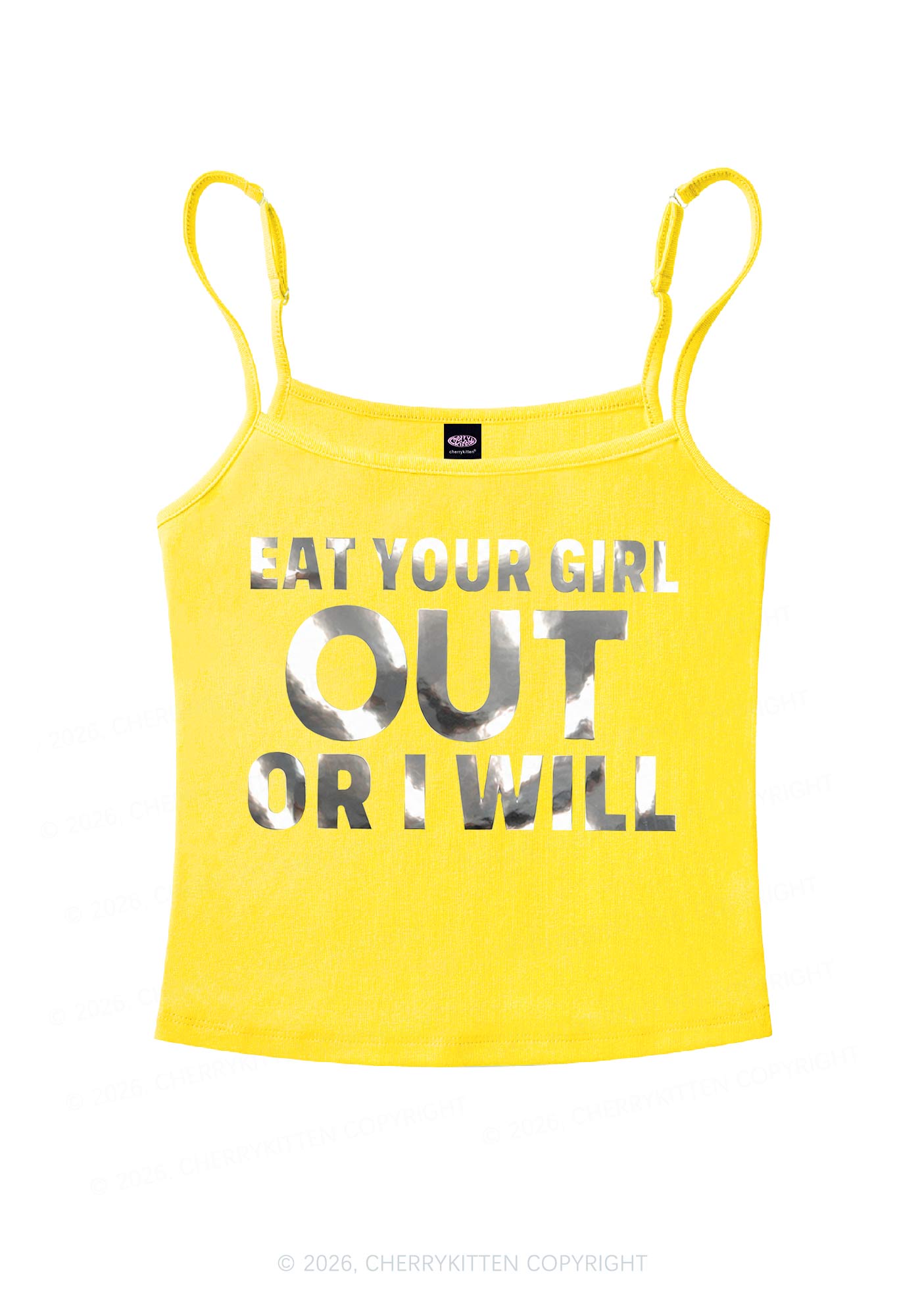 Eat Your Girl Out Silver Foil Printed Y2K Spaghetti Strap Cami Cherrykitten