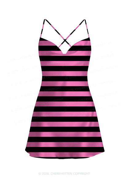 Pink And Black Stripes Y2K Print Satin Cowl Neck Slip Dress Cherrykitten