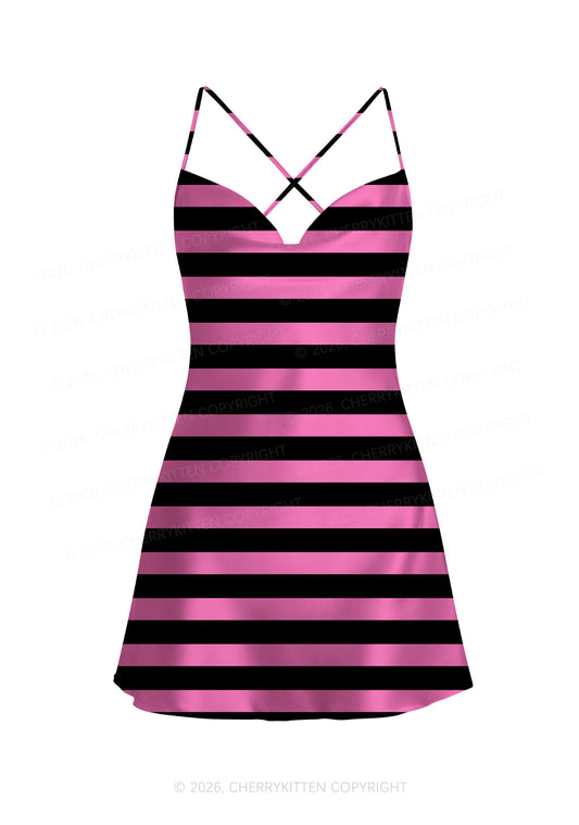 Pink And Black Stripes Y2K Print Satin Cowl Neck Slip Dress Cherrykitten