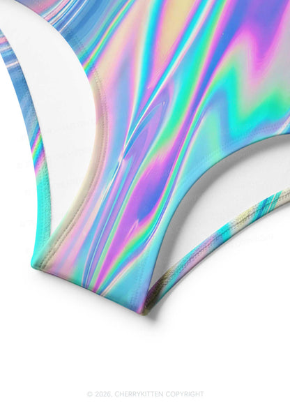 Holographic Iridescent Swirl Y2K Print Bikini Set Cherrykitten