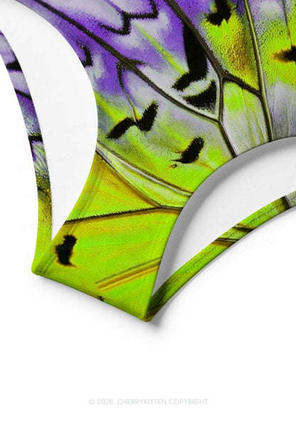 Purple Lime Butterfly Wing Y2K Print Bikini Set Cherrykitten