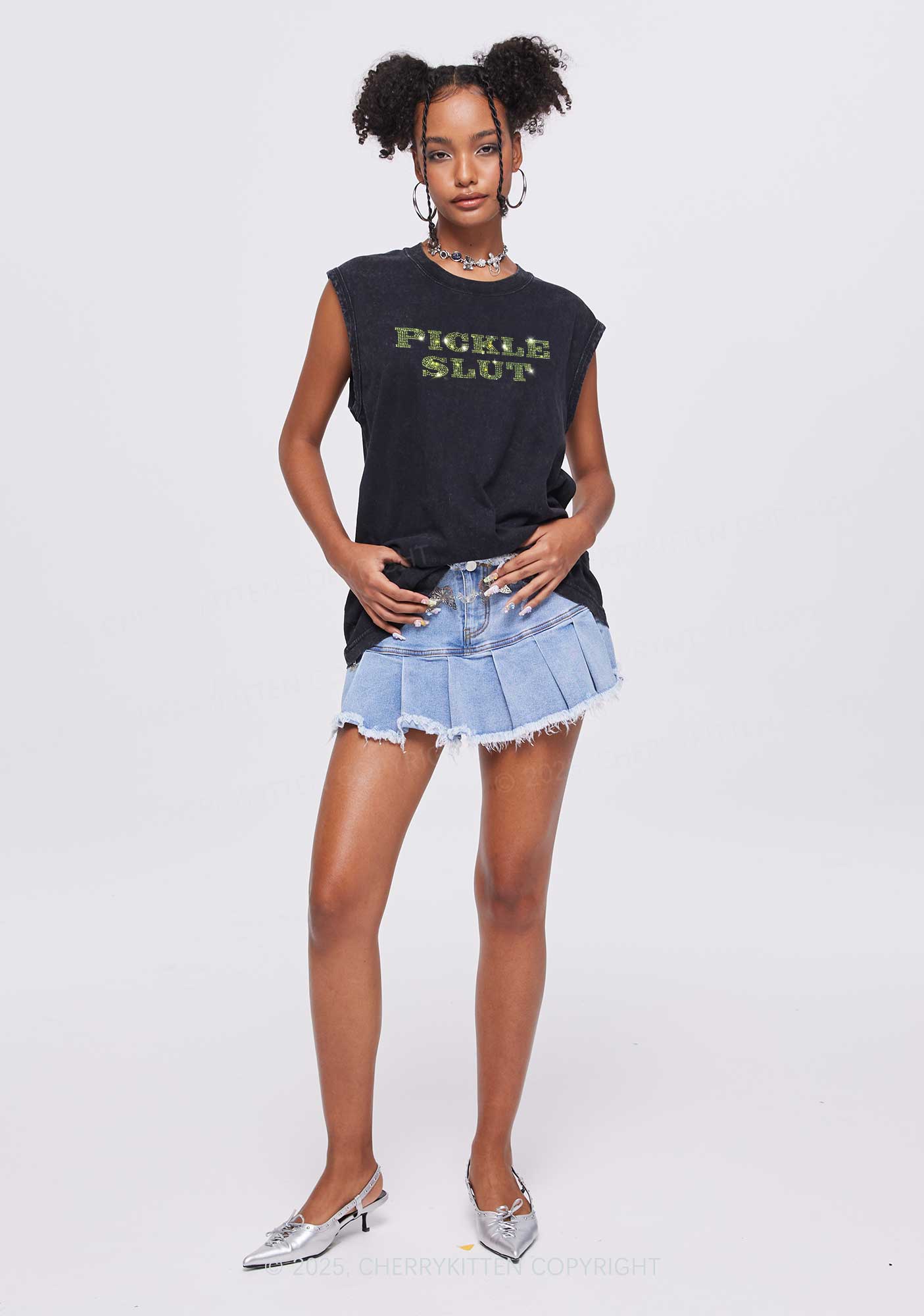 Rhinestone Pickle Slxt Y2K Washed Muscle Tank Cherrykitten