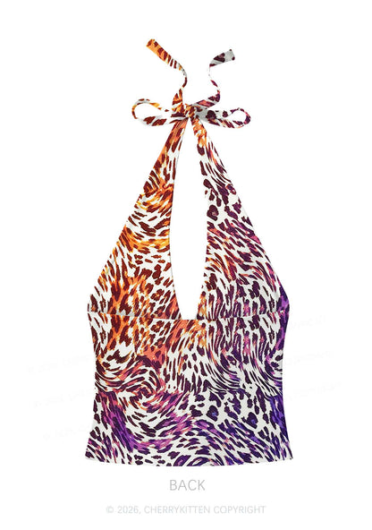 Lesbian Leopard Pride Y2K Print Halter Deep V Neck Cami Cherrykitten