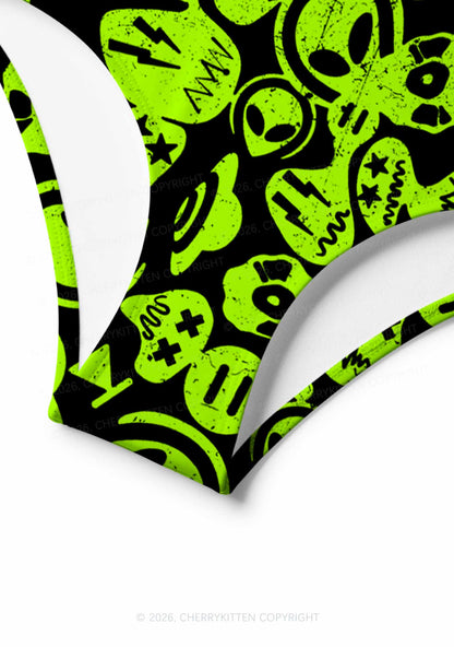 Green Alien Doodle Y2K Print Bikini Set Cherrykitten