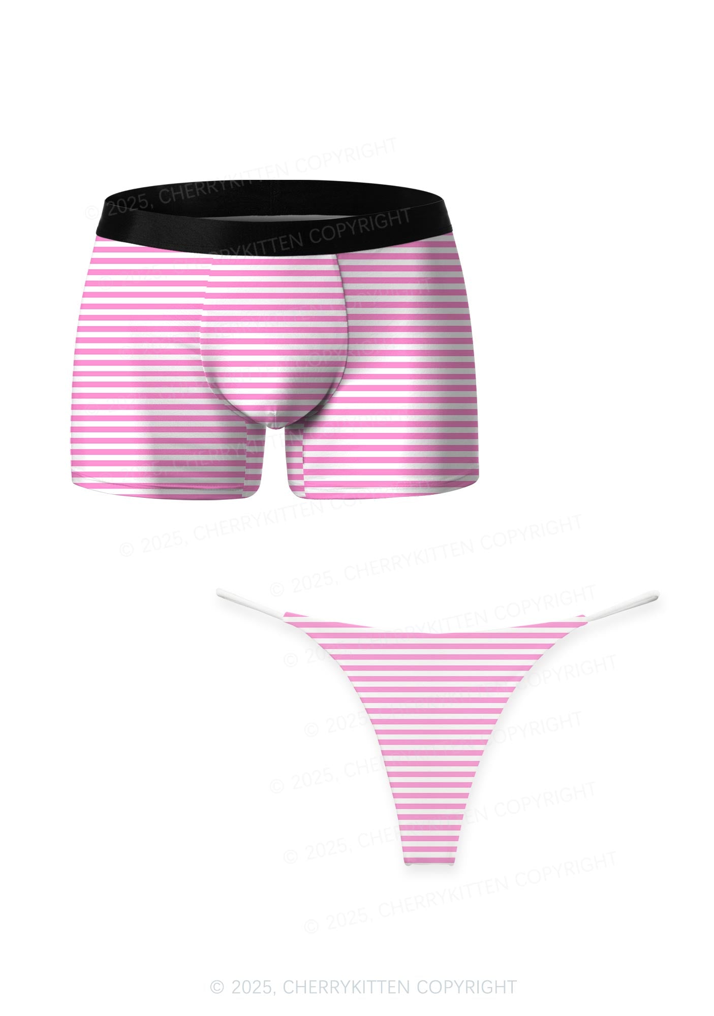 Pink White Stripe Valentine's Day Y2K Print Couples Boxer Thong Set Cherrykitten