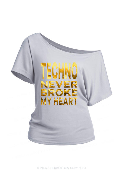 Techno Broke Heart Silver Foil Printed Y2K Off Shoulder Tee Cherrykitten
