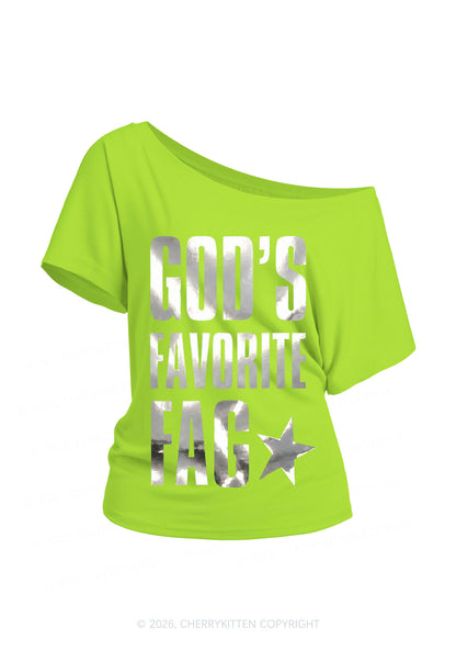 Gods Favorite Fag Pride Silver Foil Printed Y2K Off Shoulder Tee Cherrykitten