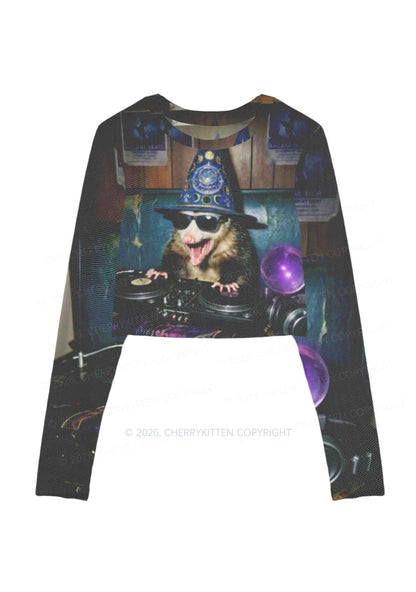 Wizard Opossum DJ Y2K Mesh Long Sleeve Crop Top Cherrykitten