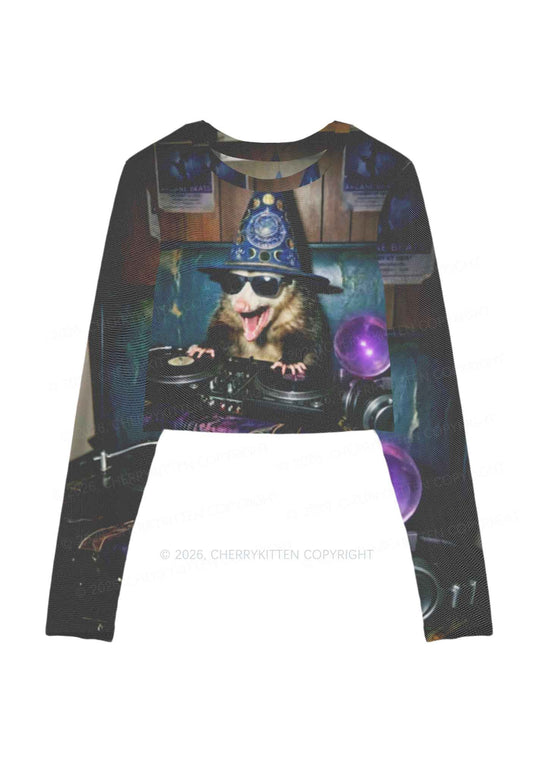 Wizard Opossum DJ Y2K Mesh Long Sleeve Crop Top Cherrykitten