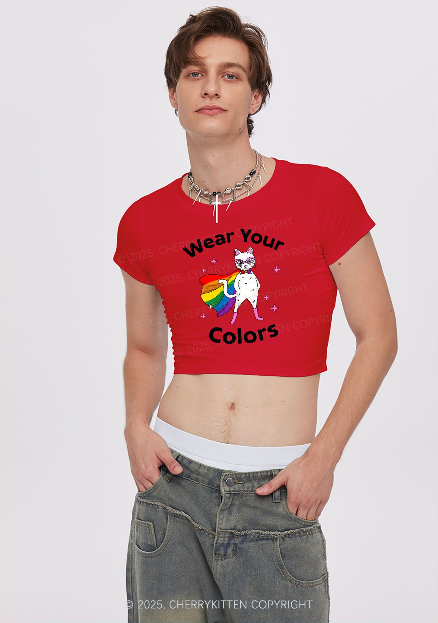Pride Flag Cat Y2K Baby Tee Cherrykitten