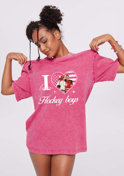 I Love US Hockey Boys HR Y2K Shirts Washed Tee Cherrykitten