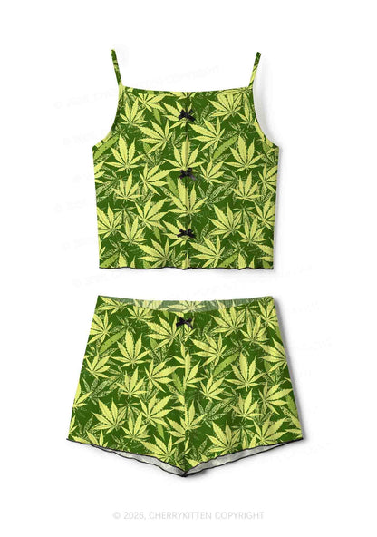 Green Wxxd Leaf Y2K Print Cami Shorts Pajama Set Cherrykitten