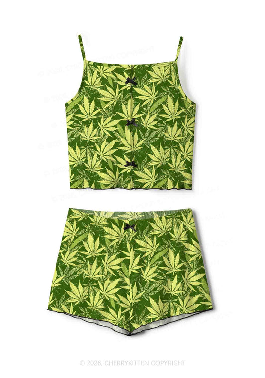 Green Wxxd Leaf Y2K Print Cami Shorts Pajama Set Cherrykitten