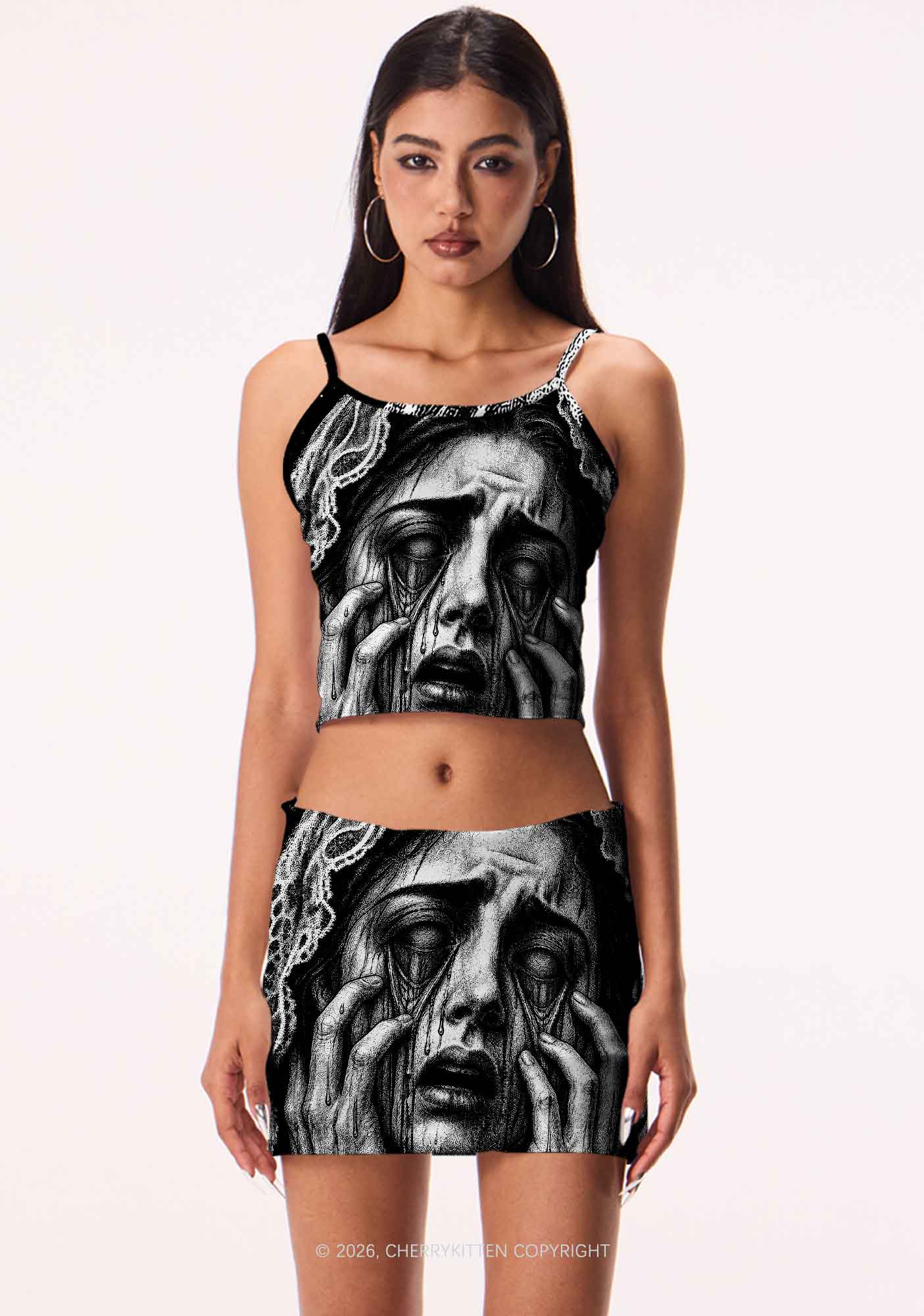 Halloween Veiled Crying Woman Y2K Print Mini Skirt Cherrykitten