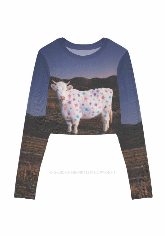 Pastel Star Cow Y2K Mesh Long Sleeve Crop Top Cherrykitten