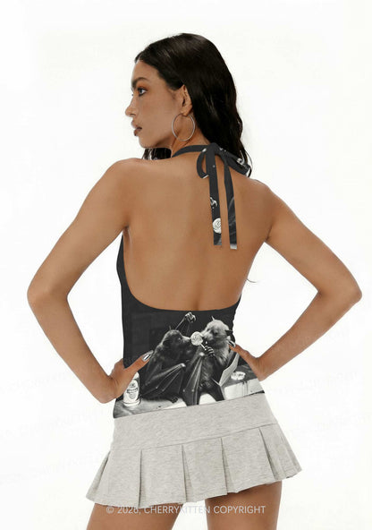 Halloween Lollipop Bat Y2K Print Halter Deep V Neck Cami Cherrykitten