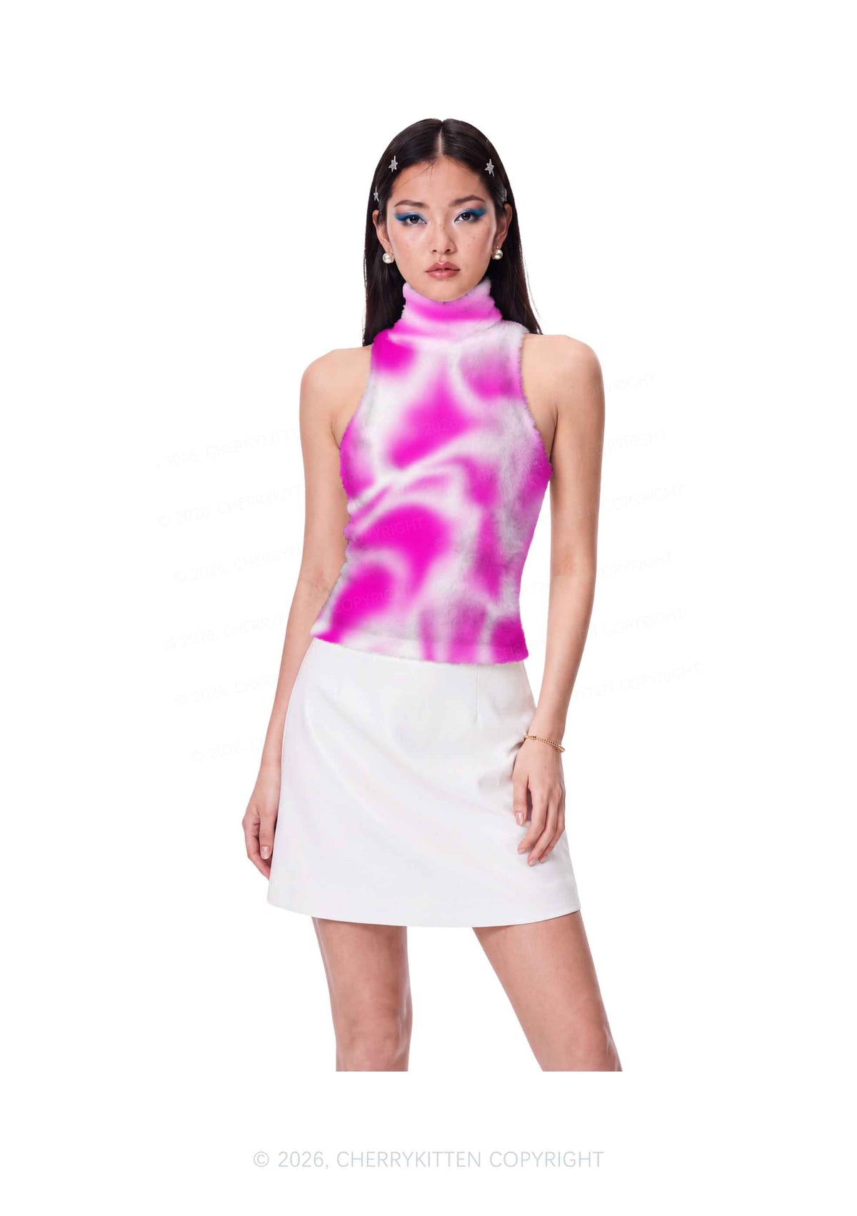 Pink And White Swirl Y2K Knit Turtleneck Tank Top Cherrykitten