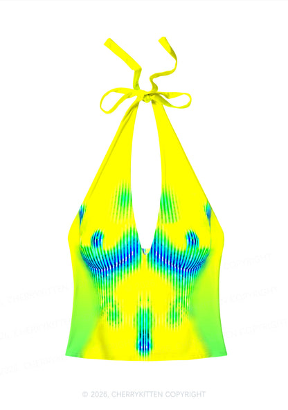 Yellow Thermal Female Body Y2K Print Halter Deep V Neck Cami Cherrykitten