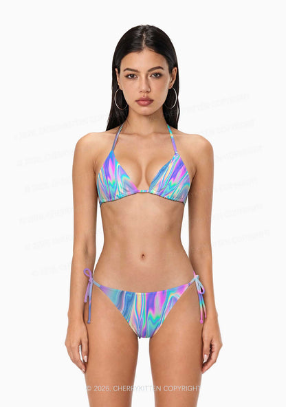 Holographic Iridescent Swirl Y2K Print Bikini Set Cherrykitten