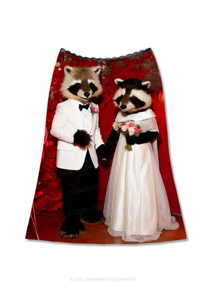 Raccoon Couples Valentine's Day Y2K Print Midi Skirt Cherrykitten