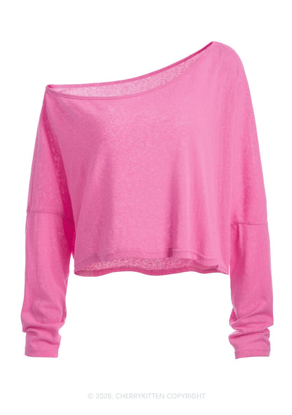 Plain Y2K Off Shoulder Long Sleeve Crop Top Cherrykitten