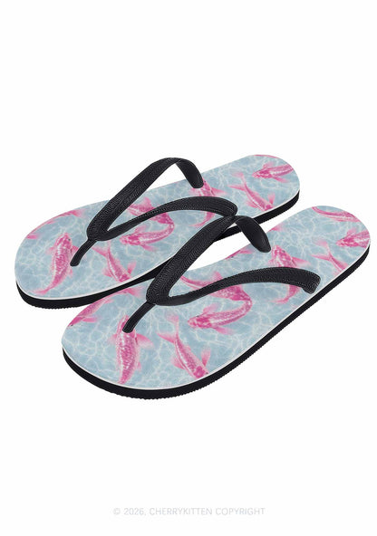 Pink Koi Fish Y2K Print Flip Flops Cherrykitten