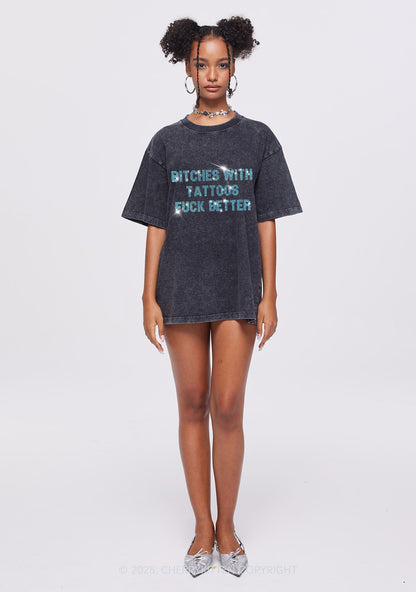 Rhinestone Bxxches With Tattoos Fxxk Better Y2K Shirts Washed Tee Cherrykitten