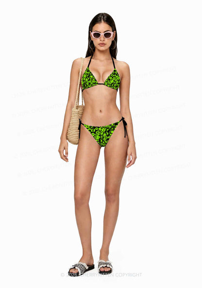 Green Alien Doodle Y2K Print Bikini Set Cherrykitten