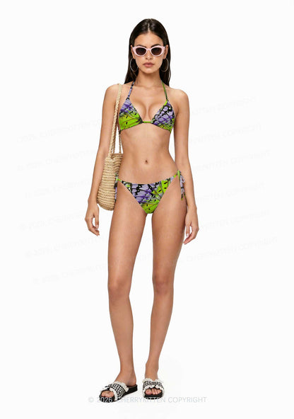 Purple Lime Butterfly Wing Y2K Print Bikini Set Cherrykitten