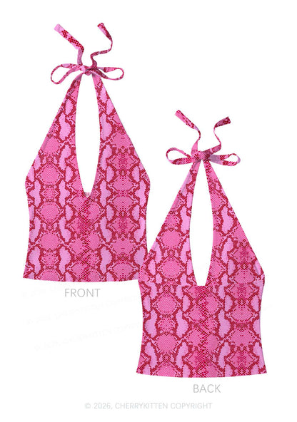 Hot Pink Snake Skin Pattern Y2K Print Halter Deep V Neck Cami Cherrykitten