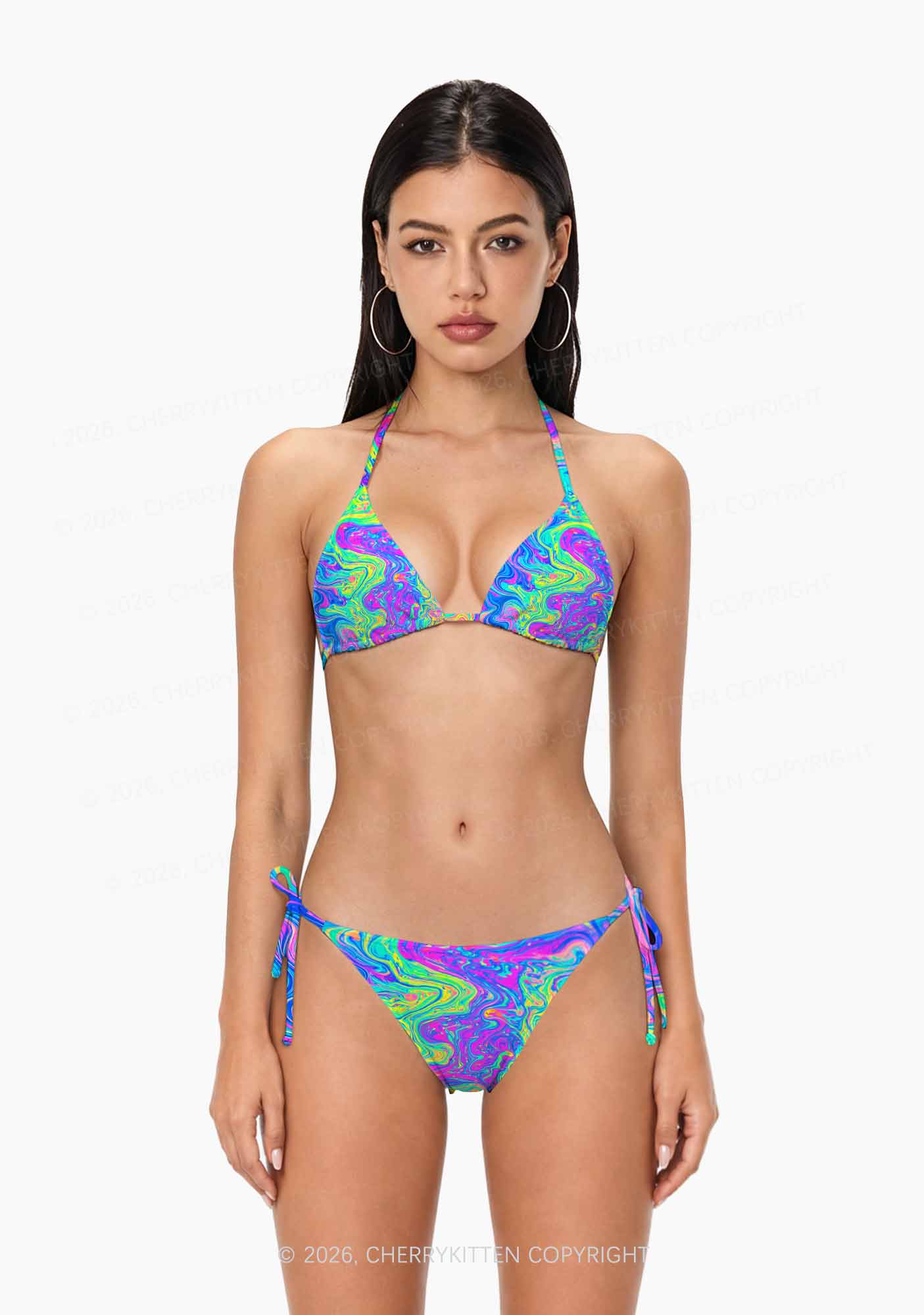 Rainbow Fluid Swirl Y2K Print Bikini Set Cherrykitten