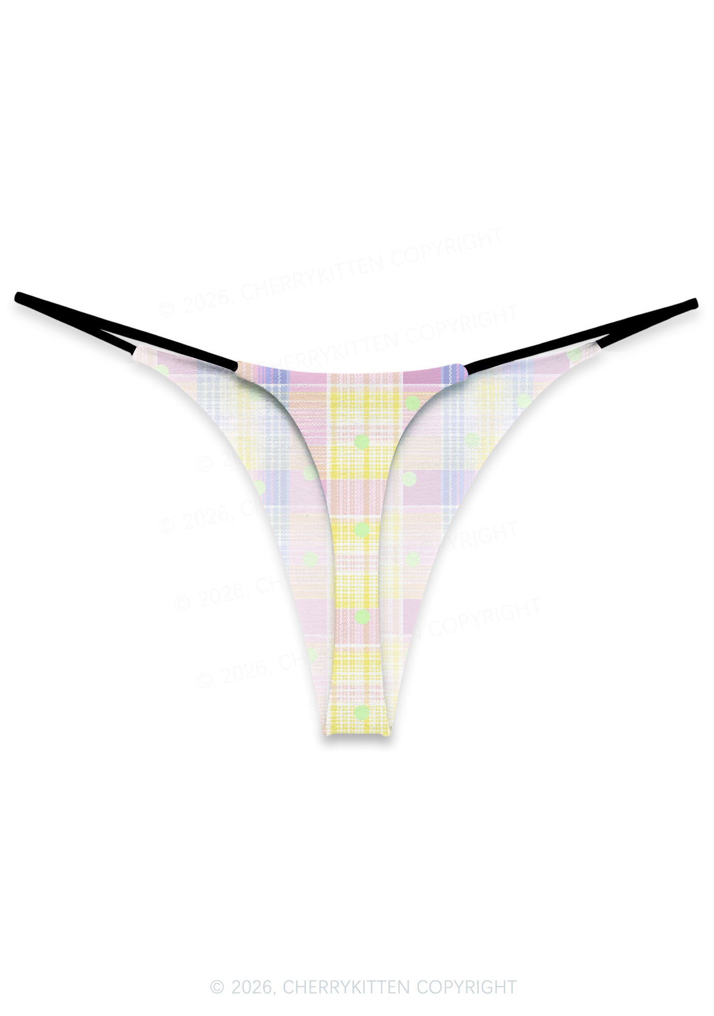 Light Green Dots On Plaid Y2K Print Bikini String Thong Cherrykitten