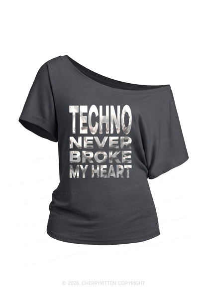 Techno Broke Heart Silver Foil Printed Y2K Off Shoulder Tee Cherrykitten