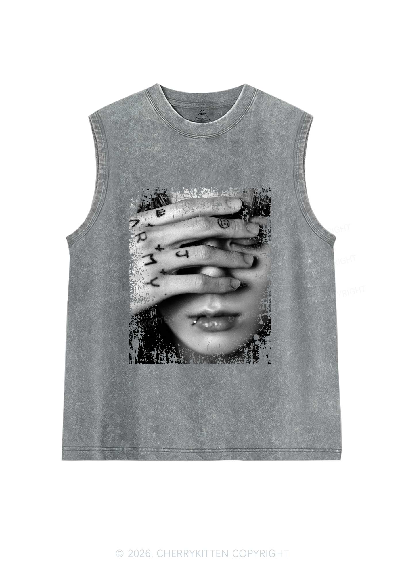 Tattoo Hand Portrait Kpop Y2K Washed Muscle Tank Cherrykitten