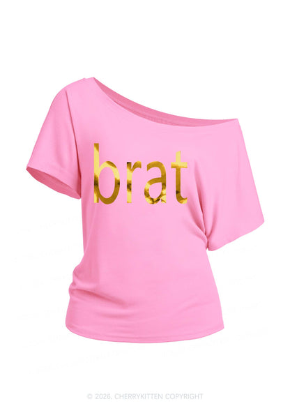 Brat Silver Foil Printed Y2K Off Shoulder Tee Cherrykitten