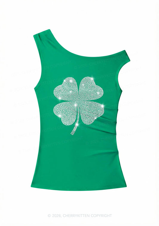 Rhinestone Four Leaf Clover St Patricks Y2K Off Shoulder Tank Top Cherrykitten