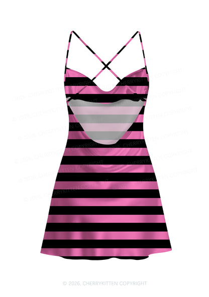 Pink And Black Stripes Y2K Print Satin Cowl Neck Slip Dress Cherrykitten