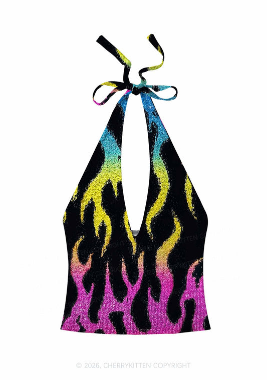 Pansexuality Flame Pride Y2K Print Halter Deep V Neck Cami Cherrykitten