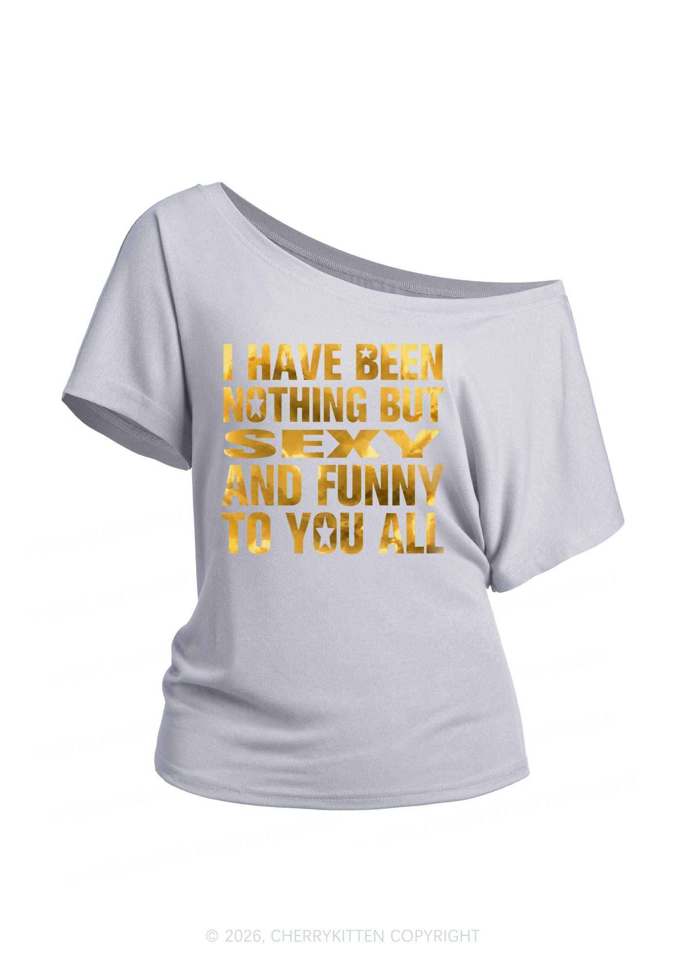 I Have Been Nothing Silver Foil Printed Y2K Off Shoulder Tee Cherrykitten