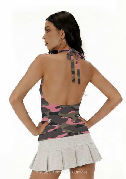 Pink Camouflage Y2K Print Halter Deep V Neck Cami Cherrykitten