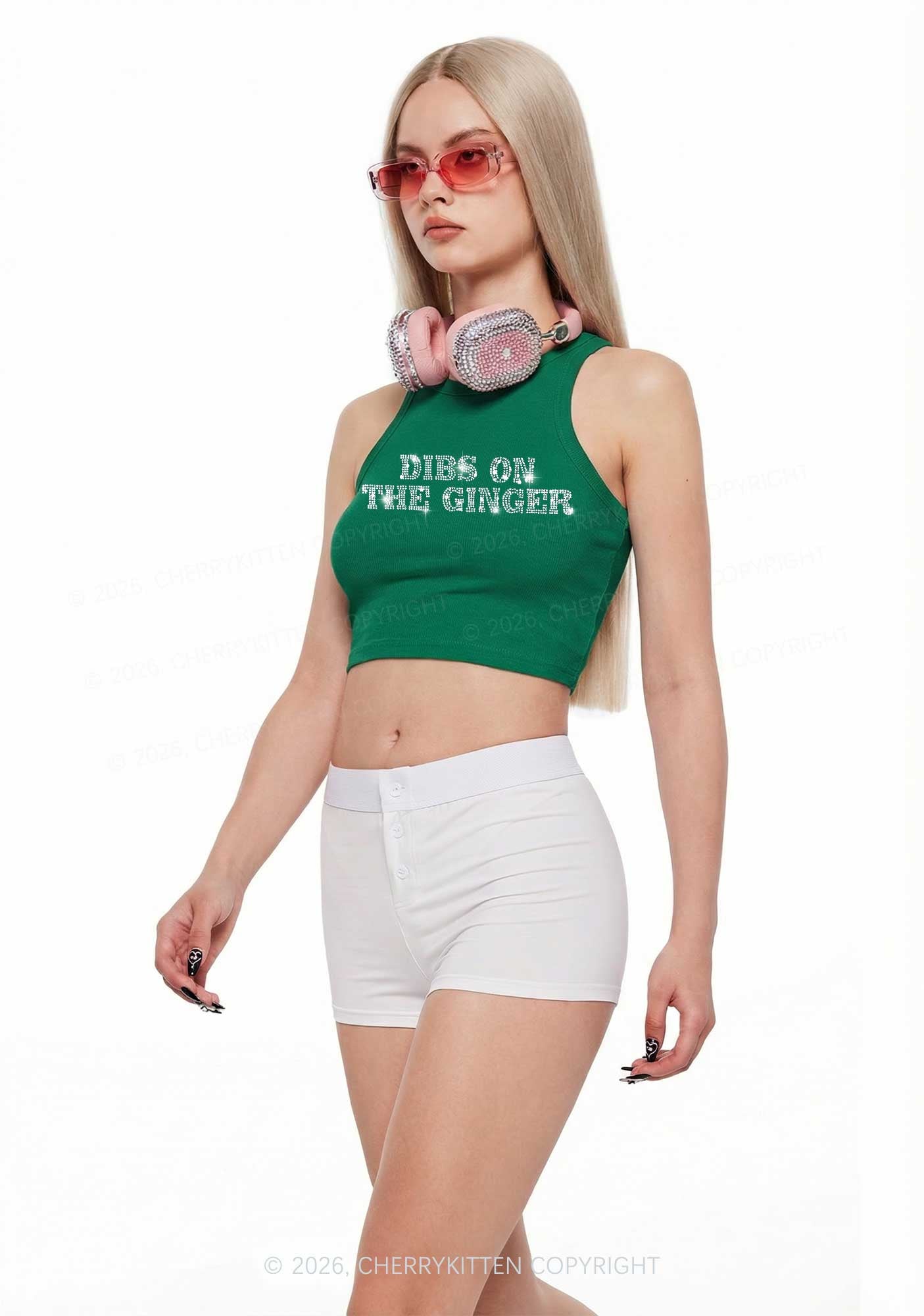 Rhinestone Dibs On The Ginger St Patricks Y2K Crop Tank Top Cherrykitten