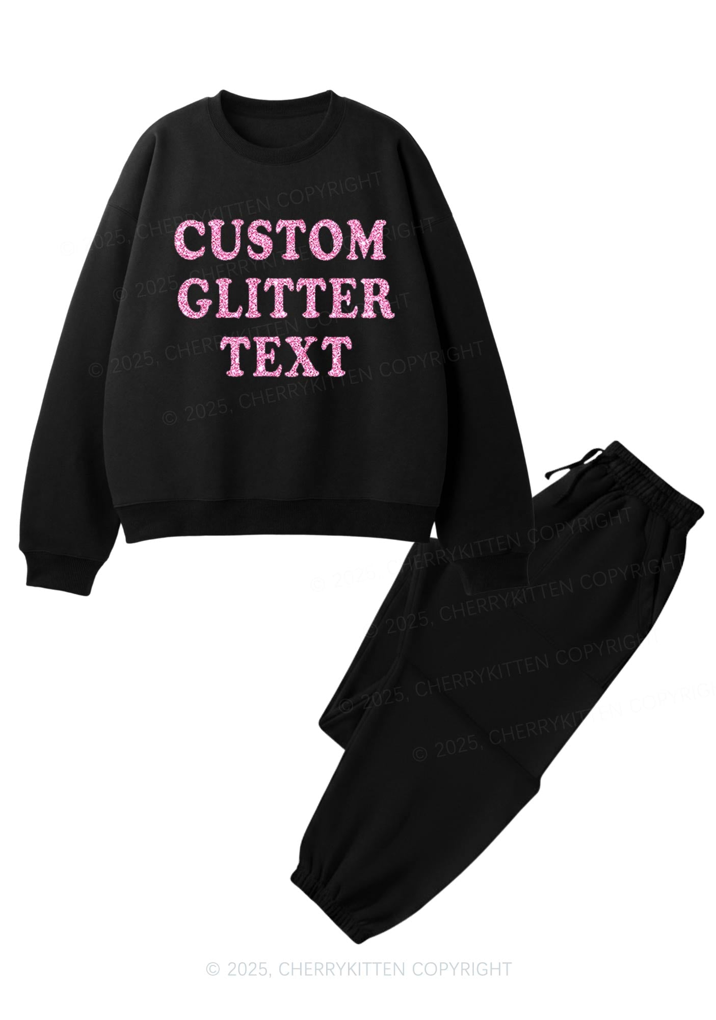 Custom Text Glitter Y2K Fleece Sweatshirts Set Cherrykitten