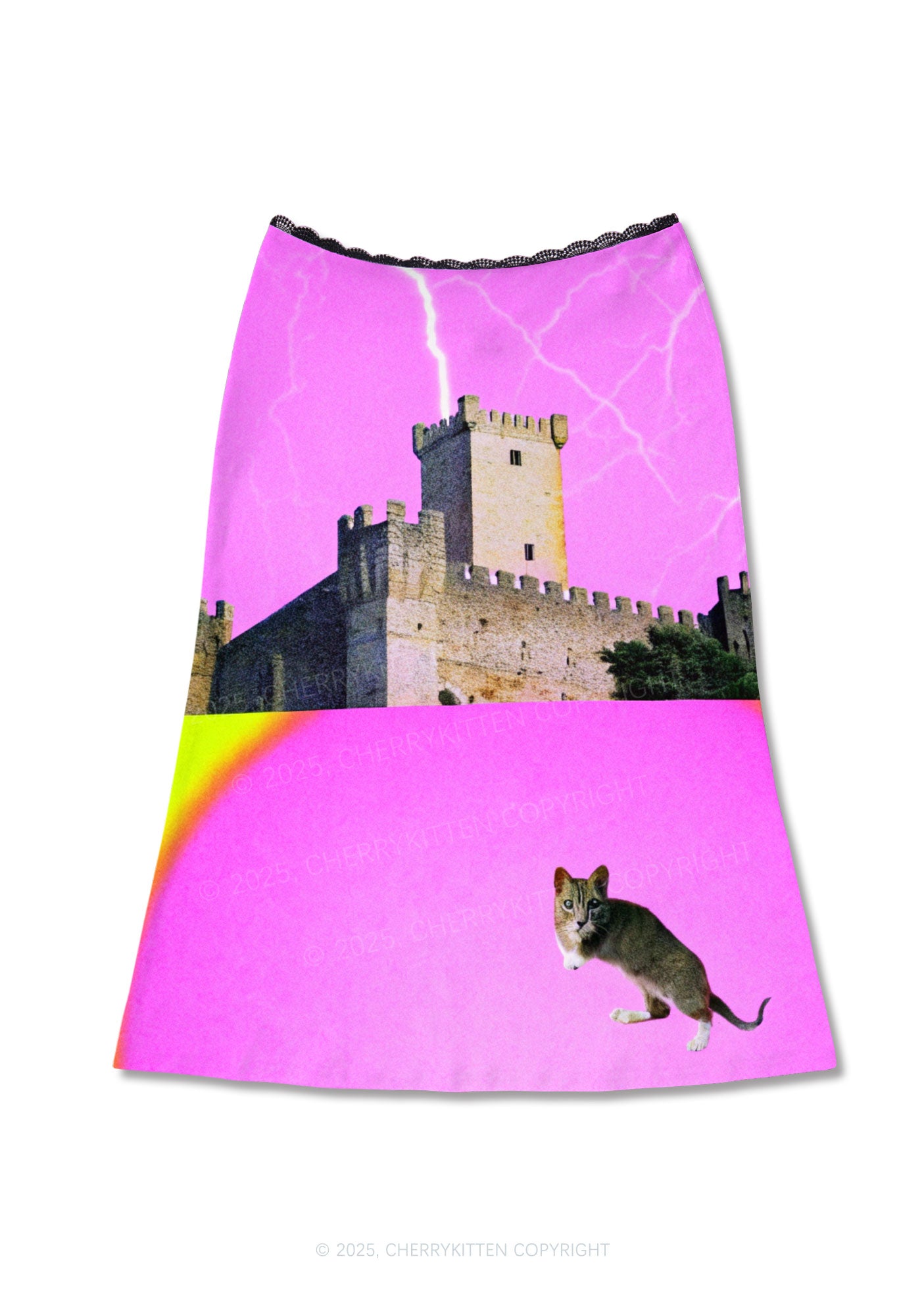 Cat Castle Lightning Y2K Print Midi Skirt Cherrykitten