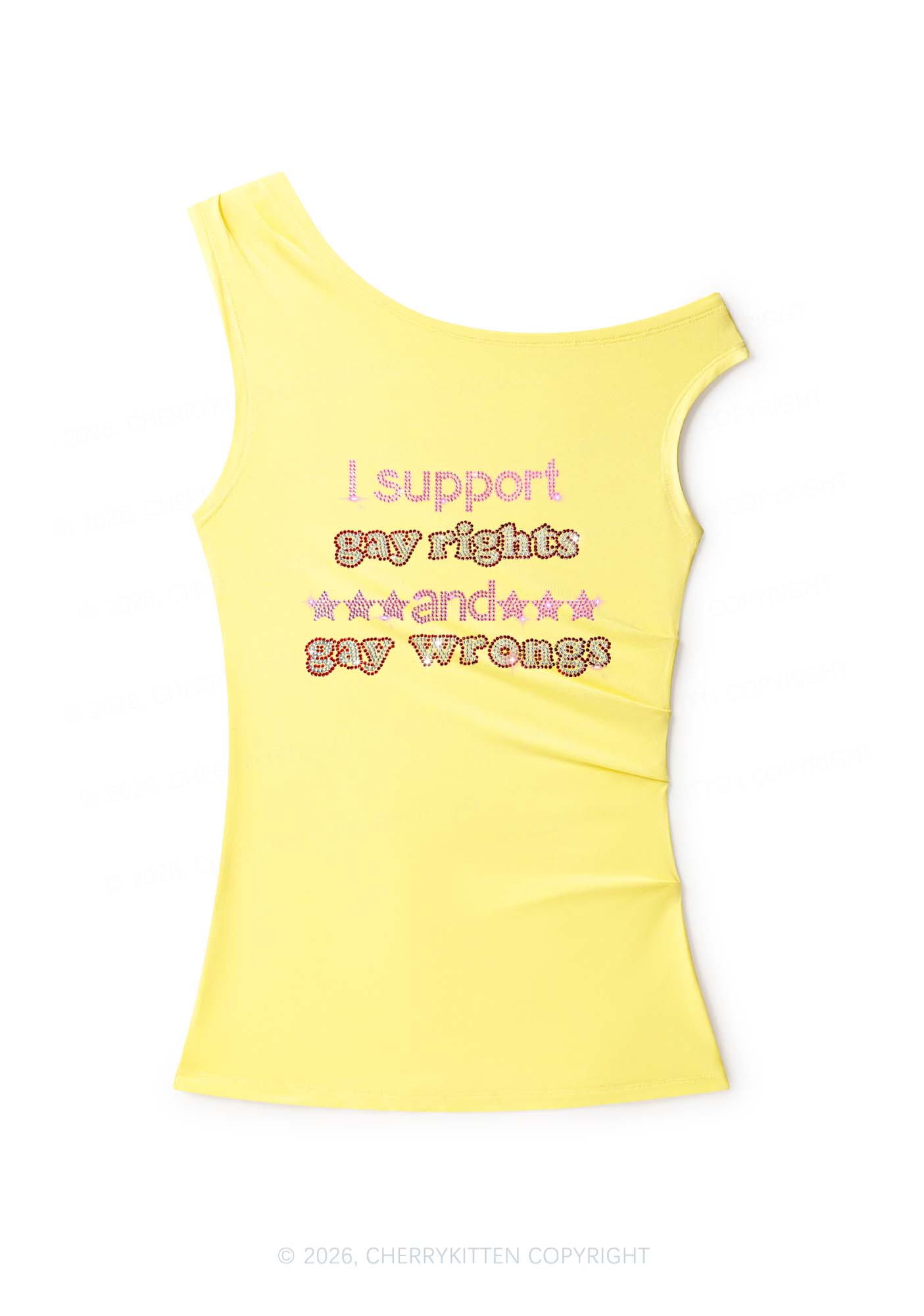 Rhinestone I Support Gay Rights Y2K Off Shoulder Tank Top Cherrykitten
