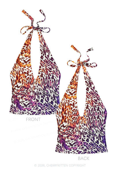Lesbian Leopard Pride Y2K Print Halter Deep V Neck Cami Cherrykitten