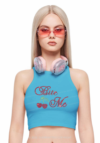 Rhinestone Red Cherry Bite Me Y2K Crop Tank Top Cherrykitten